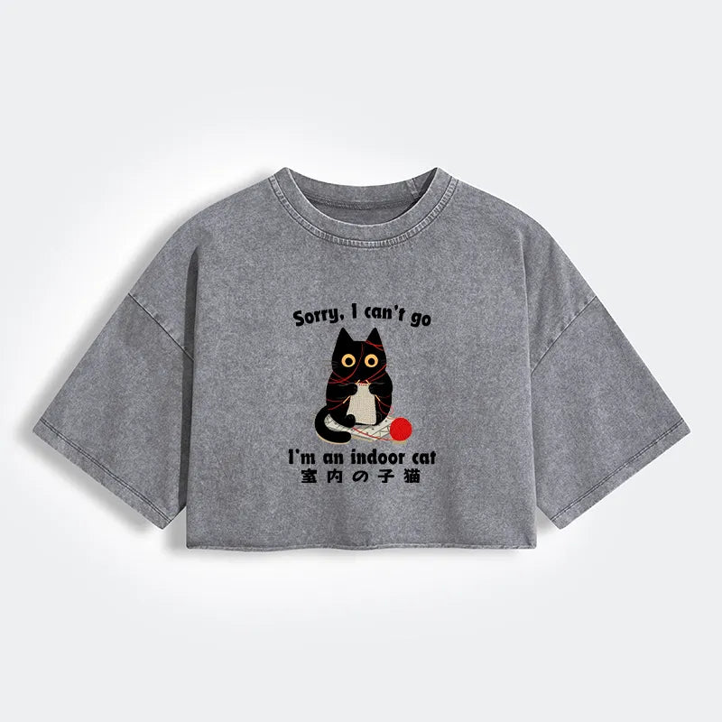 Kyoto-Lion Indoor Cat Meme Women's Washed Crop T-Shirt