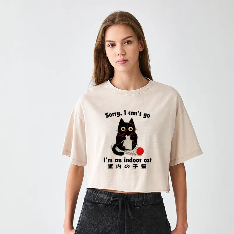 Kyoto-Lion Indoor Cat Meme Women's Washed Crop T-Shirt