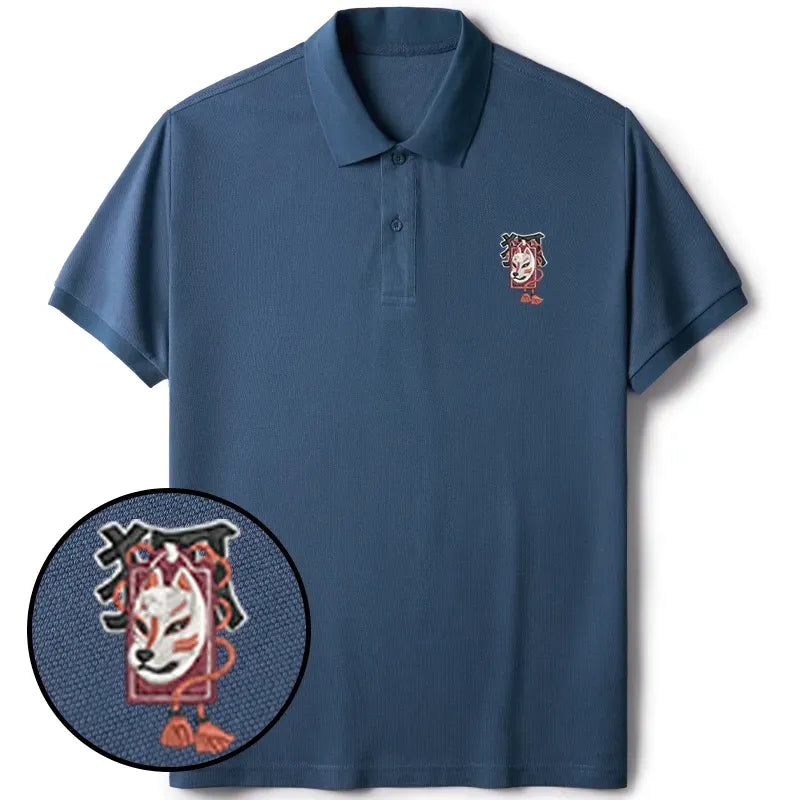 Kyoto-Lion Japanese Fox Mask Embroidered Polo T-Shirt