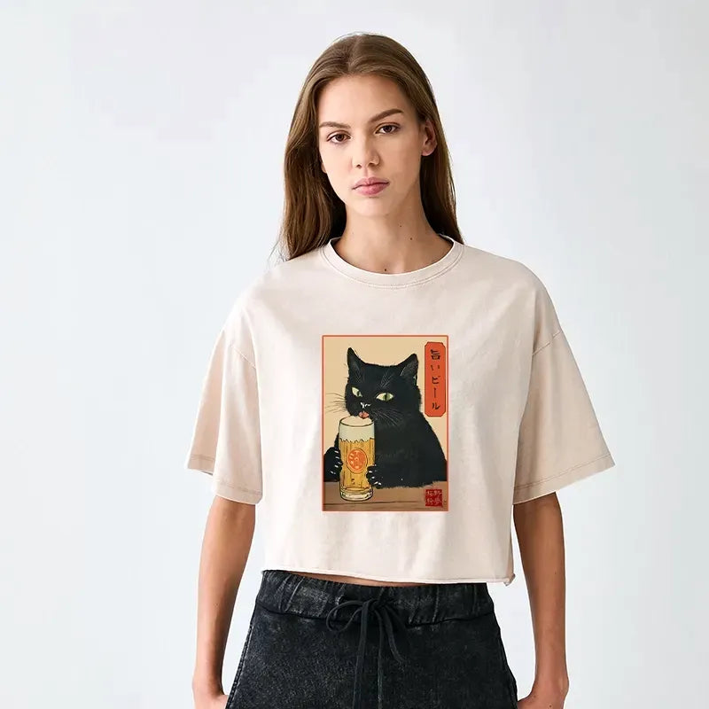 Japanese Cat Washed Crop T-Shirt