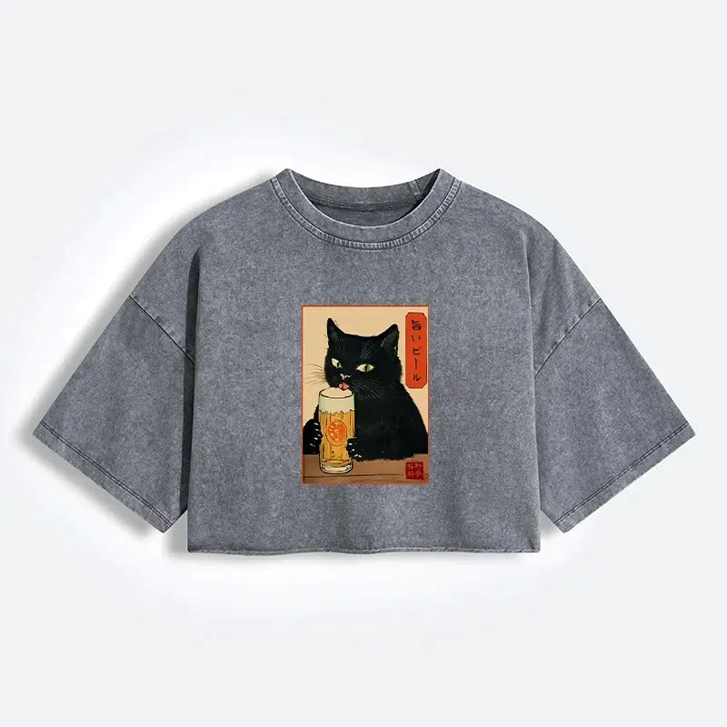 Japanese Cat Washed Crop T-Shirt