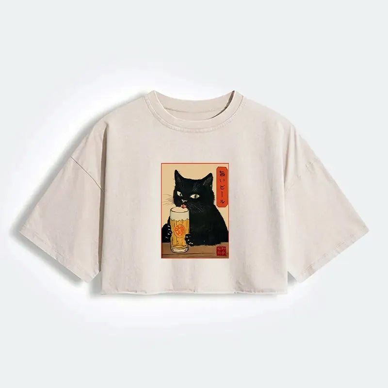 Japanese Cat Washed Crop T-Shirt