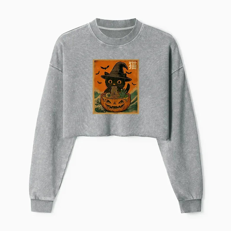 Kyoto-Lion Halloween Cat Eating Ramen Washed Crop Sweatshirt