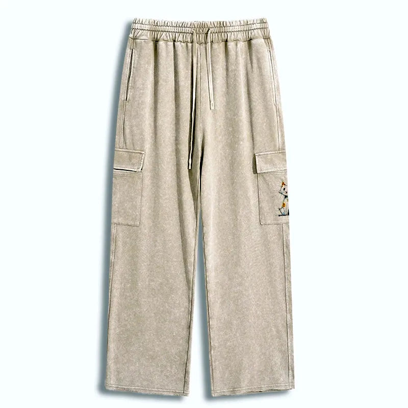 Kyoto-Lion Minimal Splash Ink Cute Cat Washed Utility Sweatpants