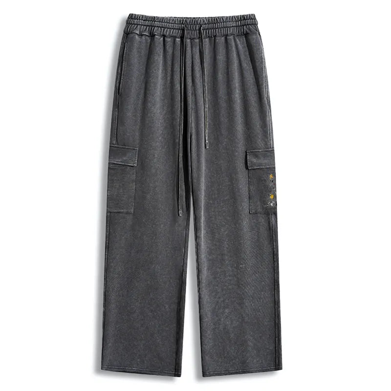 Kyoto-Lion Minimal Splash Ink Cute Cat Washed Utility Sweatpants