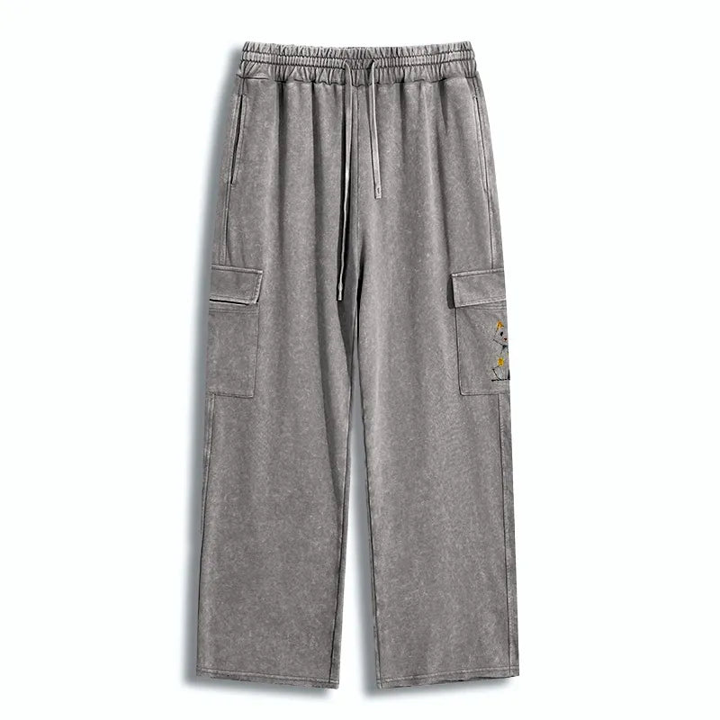 Kyoto-Lion Minimal Splash Ink Cute Cat Washed Utility Sweatpants