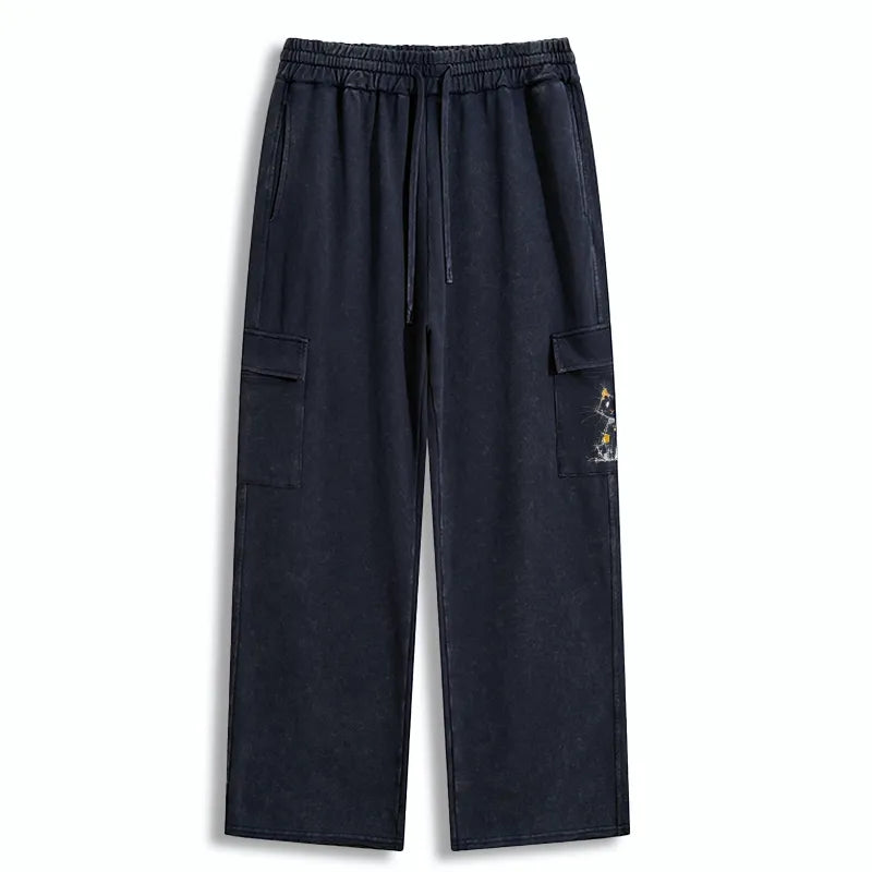 Kyoto-Lion Minimal Splash Ink Cute Cat Washed Utility Sweatpants