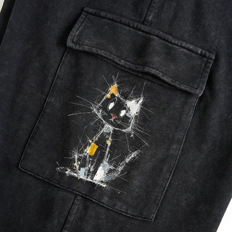 Kyoto-Lion Minimal Splash Ink Cute Cat Washed Utility Sweatpants