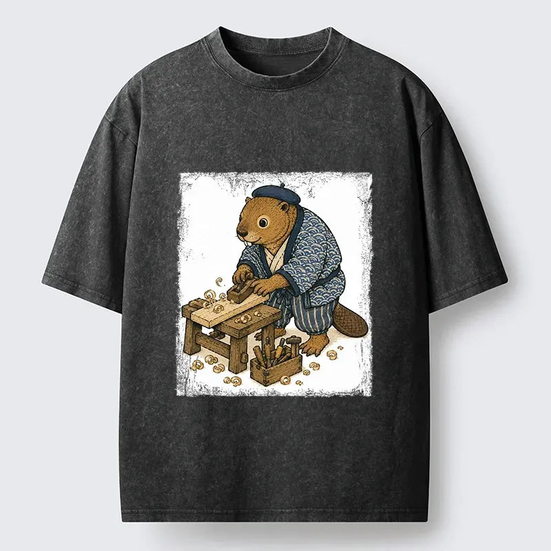 Kyoto-Lion Cute Carpenter Beaver Planing Wood Print Washed T-Shirt