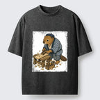 Kyoto-Lion Cute Carpenter Beaver Planing Wood Print Washed T-Shirt