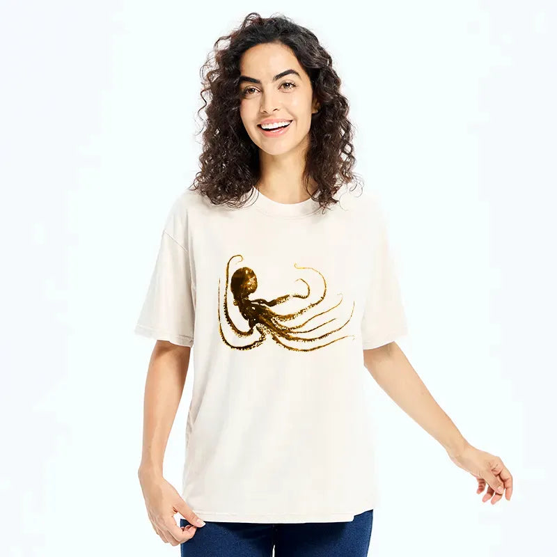 Kyoto-Lion Yellow Octopus Washed T-Shirt