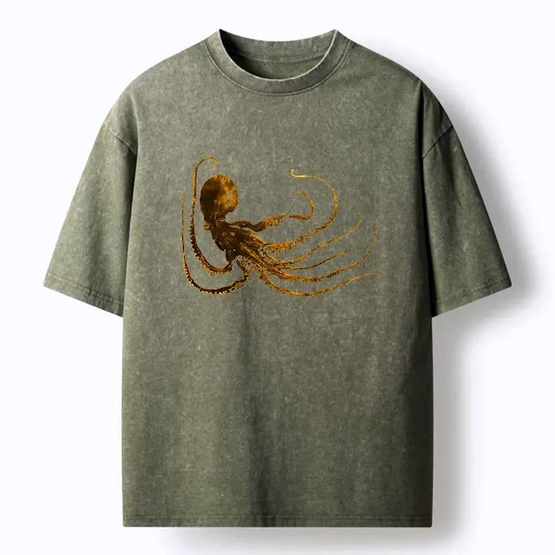 Japanese Vintage Octopus Washed T-Shirt for Summer