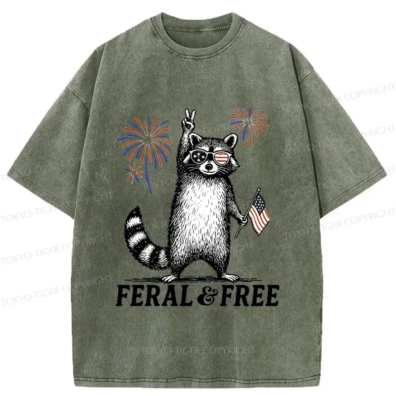 Washed Kyoto Lion Raccoon T-Shirt for Summer