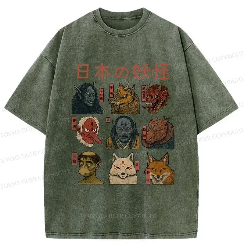 Japanese Yokai Washed T-Shirt for Festival