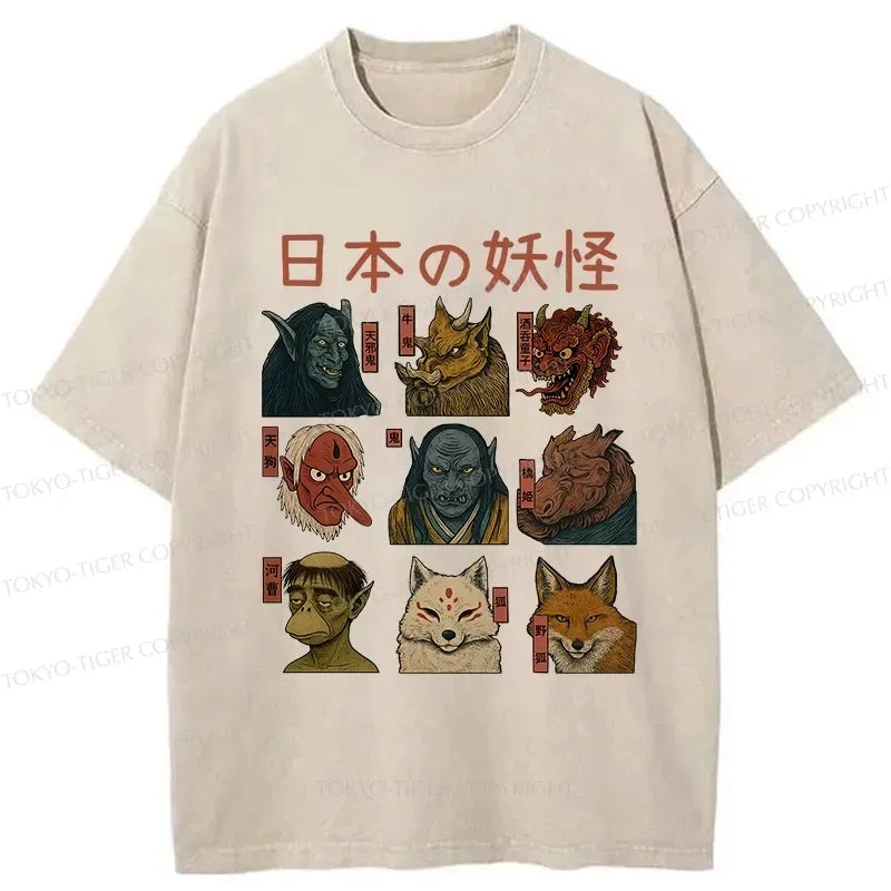 Japanese Yokai Washed T-Shirt for Festival