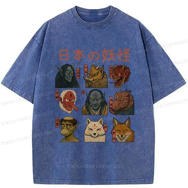 Japanese Yokai Washed T-Shirt for Festival