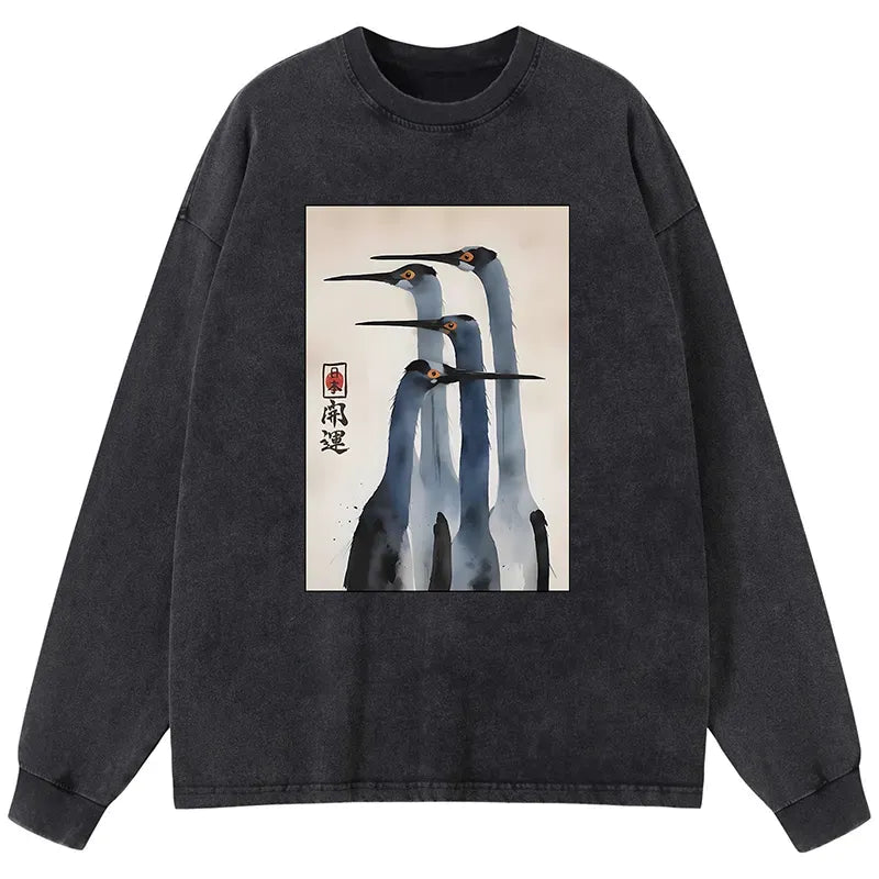 Kyoto-Lion Retro Sandhill Crane Washed Long Sleeve T-Shirt