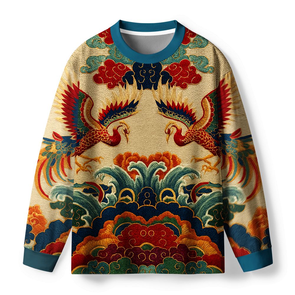 Kyoto-Lion Vermilion Phoenixes in Brocade Skies Eco-Friendly Long Sleeve T-Shirt