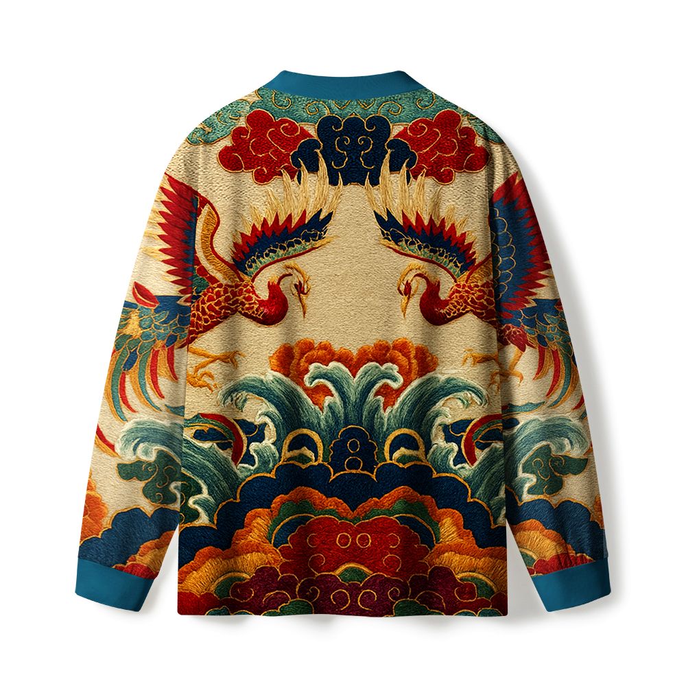 Kyoto-Lion Vermilion Phoenixes in Brocade Skies Eco-Friendly Long Sleeve T-Shirt