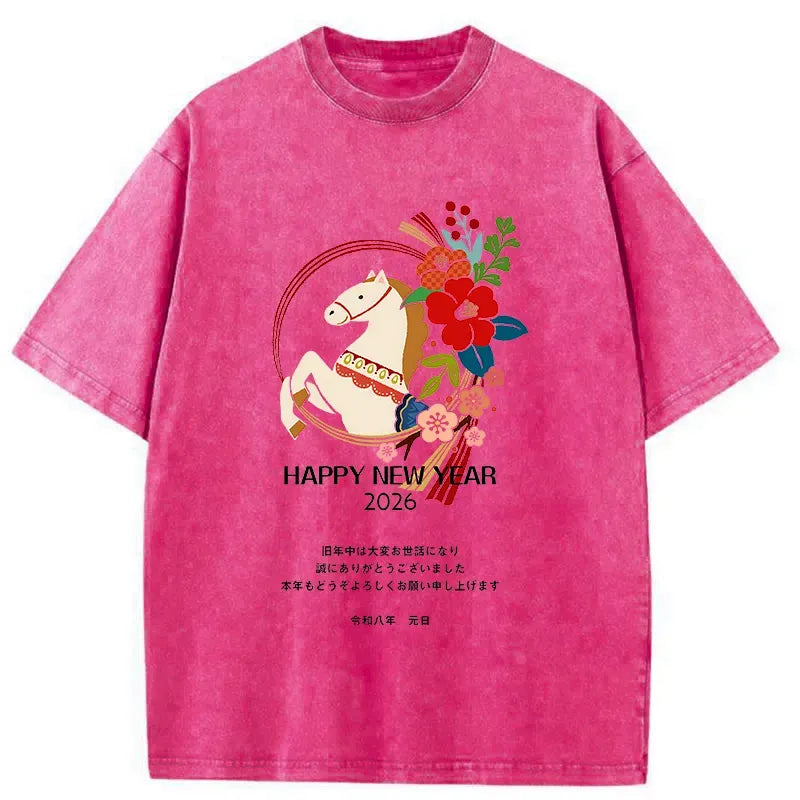 Kyoto-Lion Happy New Year Fire Horse Washed T-Shirt