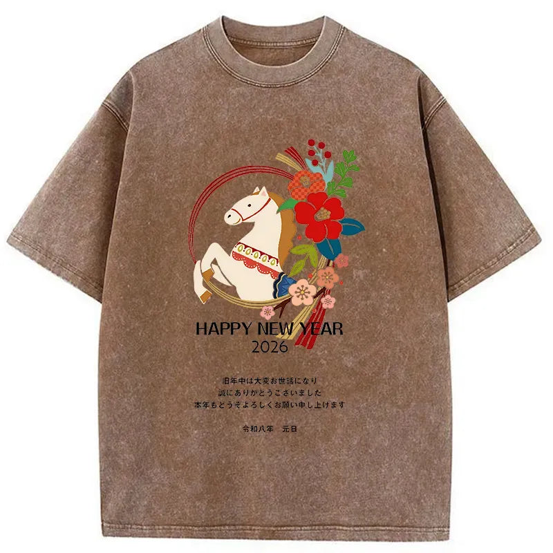 Kyoto-Lion Happy New Year Fire Horse Washed T-Shirt