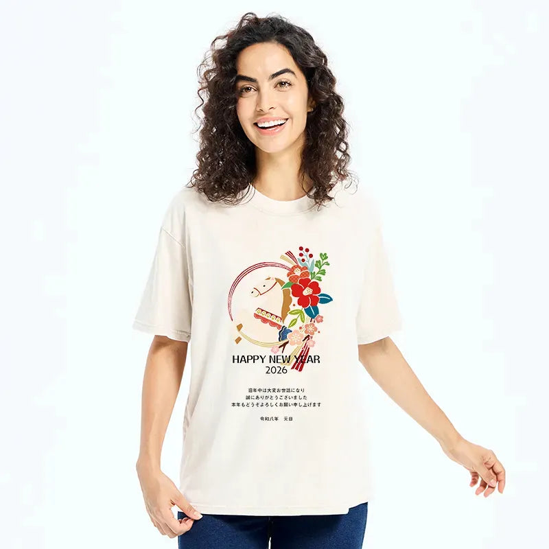 Kyoto-Lion Happy New Year Fire Horse Washed T-Shirt