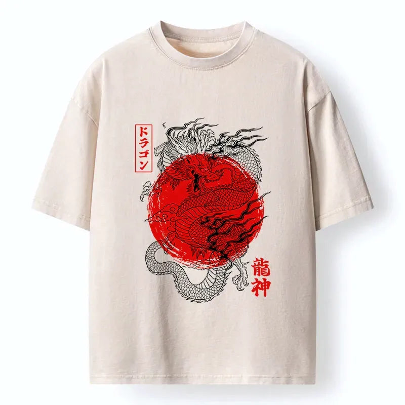 Japanese Style Washed Dragon God Tee for Summer