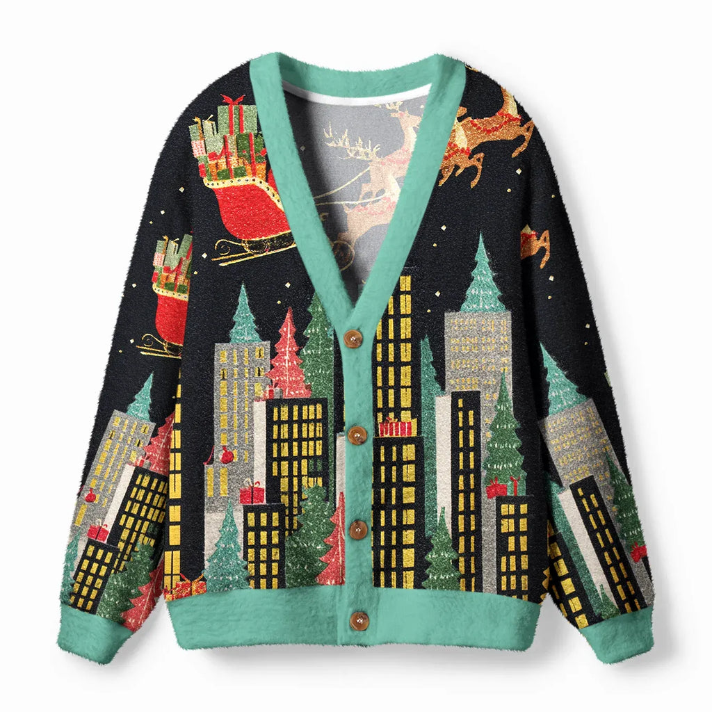 Kyoto-Lion Santa’s Midnight Flight Ugly Cardigan Sweater