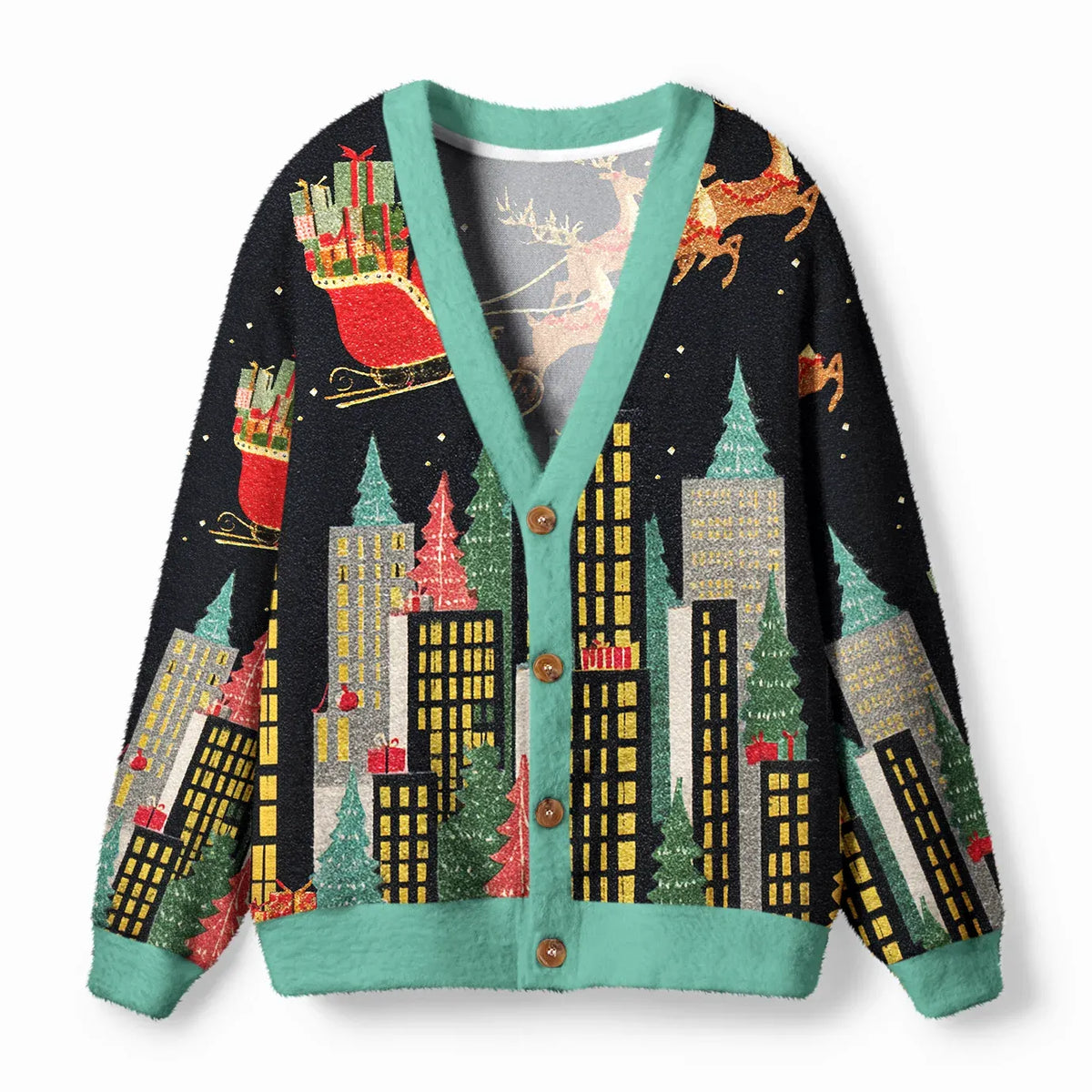 Kyoto-Lion Santa’s Midnight Flight Ugly Cardigan Sweater