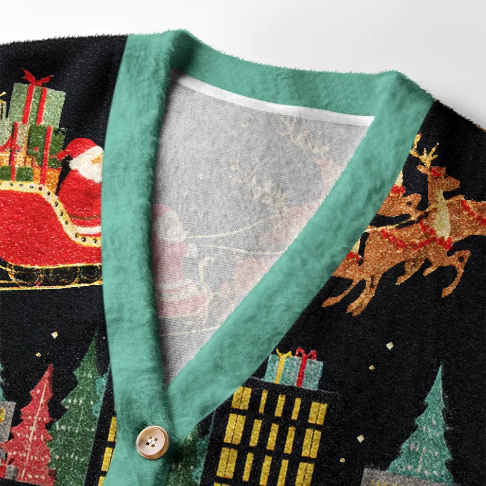 Kyoto-Lion Santa’s Midnight Flight Ugly Cardigan Sweater