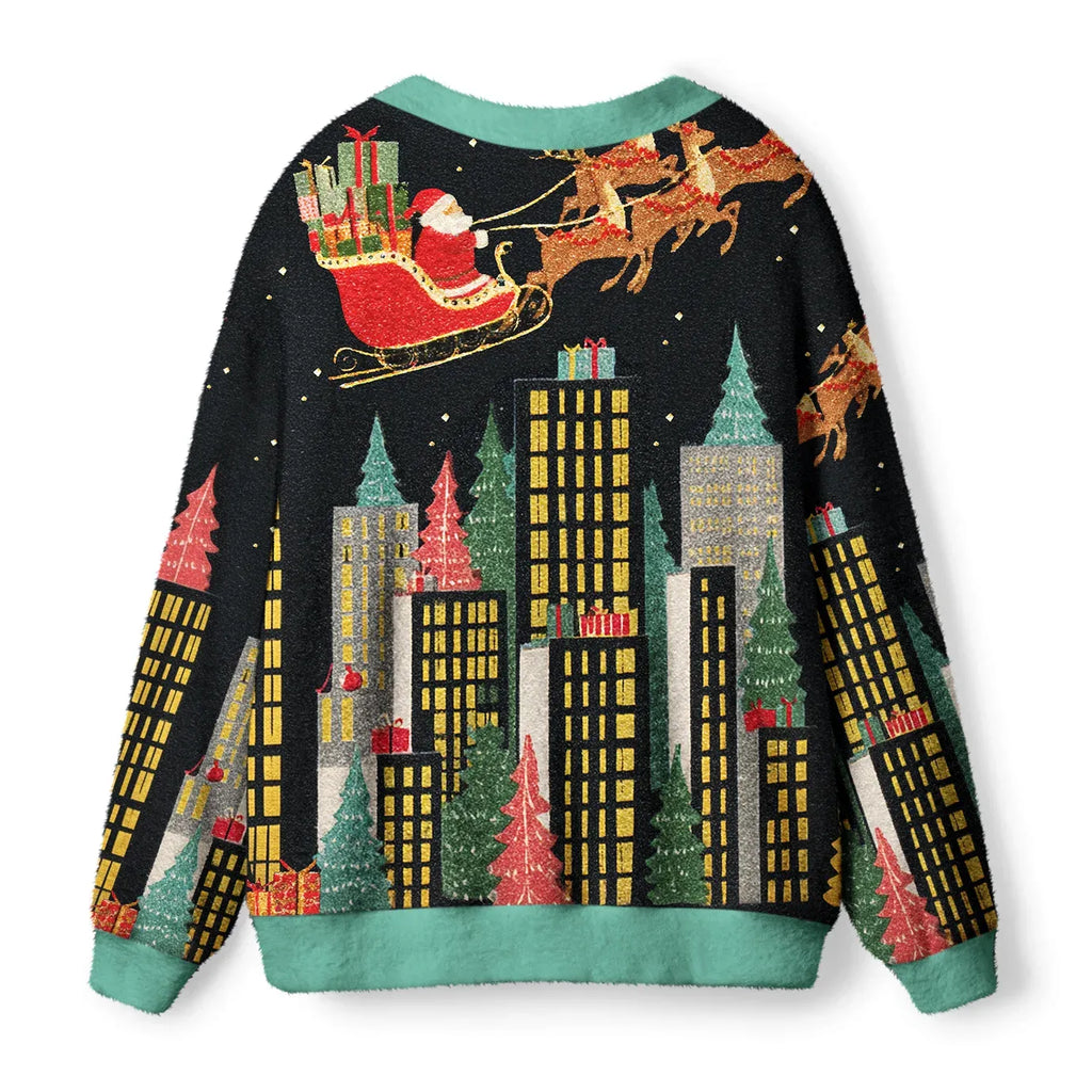 Kyoto-Lion Santa’s Midnight Flight Ugly Cardigan Sweater