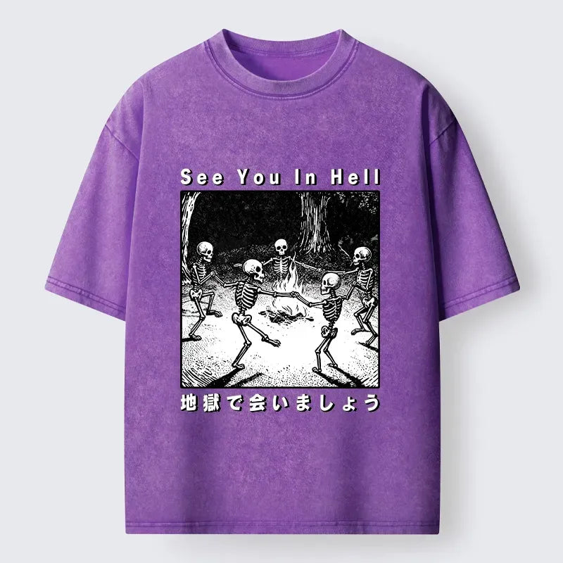Kyoto-Lion Funny Skeleton Hell Party Washed T-Shirt