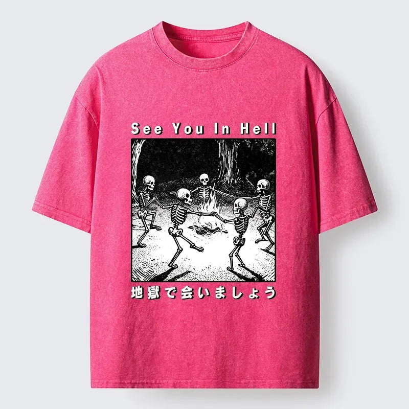 Kyoto-Lion Funny Skeleton Hell Party Washed T-Shirt
