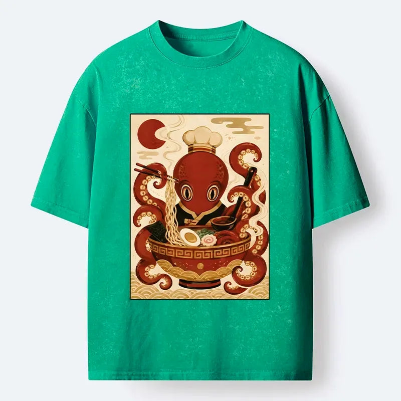 Kyoto-Lion Red Octopus Master Noodle Maker Washed T-Shirt