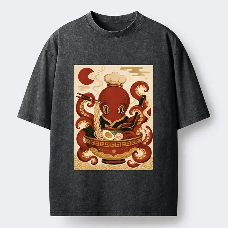 Japanese Octopus Washed T-Shirt for Streetwear