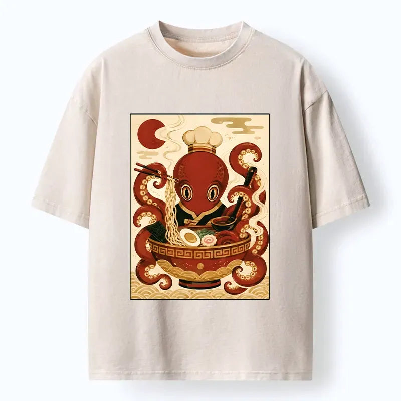 Japanese Octopus Washed T-Shirt for Streetwear
