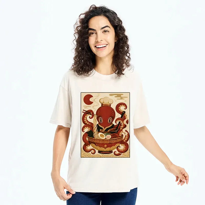 Kyoto-Lion Red Octopus Master Noodle Maker Washed T-Shirt