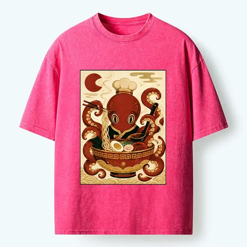 Kyoto-Lion Red Octopus Master Noodle Maker Washed T-Shirt