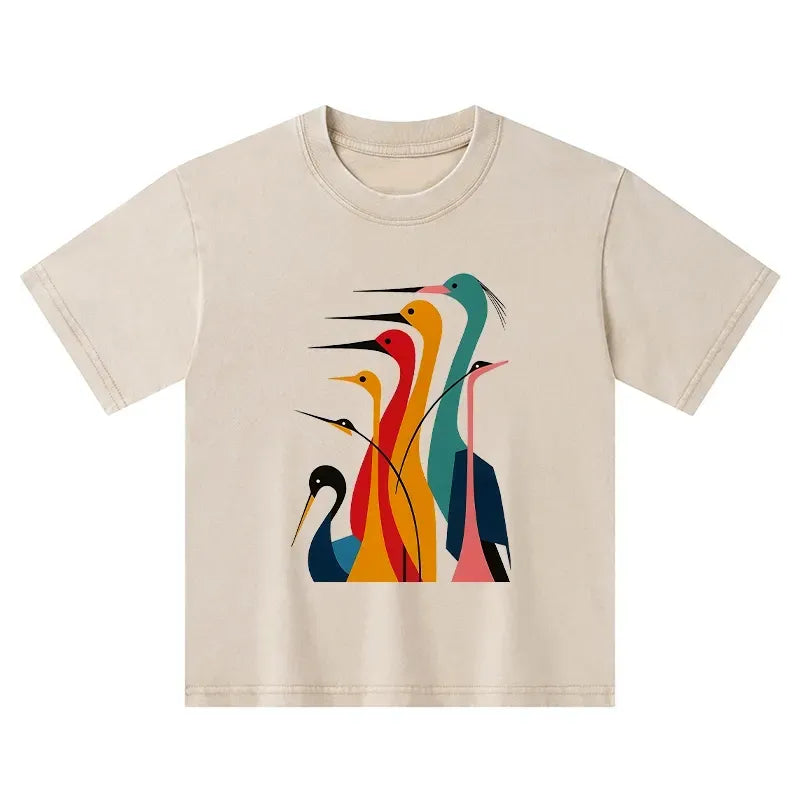Kyoto-Lion Various Types Of Cranes Kids Washed T-Shirt