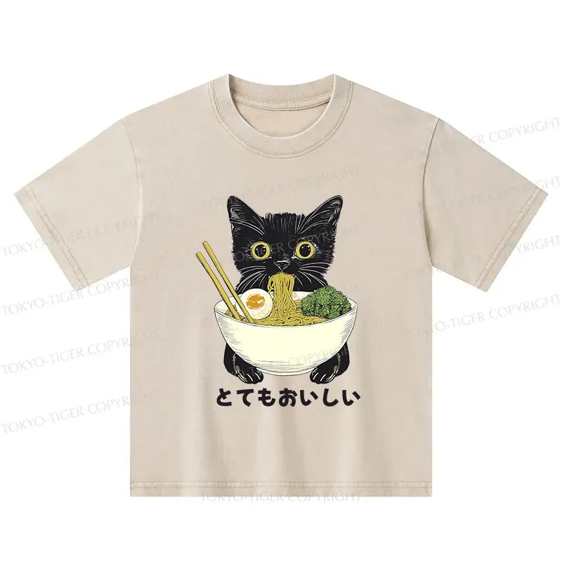 Kyoto-Lion Ramen Lover Cute Cat Kids Washed T-Shirt