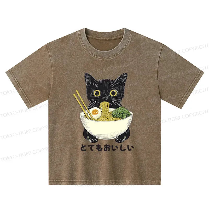 Kyoto-Lion Ramen Lover Cute Cat Kids Washed T-Shirt