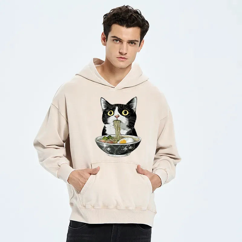Kyoto-Lion Cute Cat Eating Japan Ramen Washed Hoodie