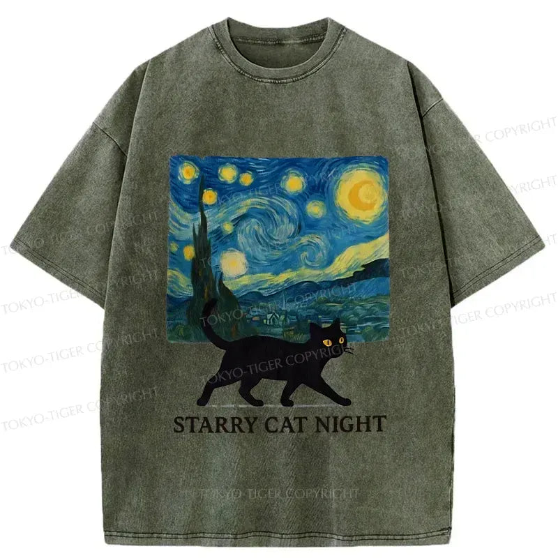 Kyoto-Lion Cat Walking Under The Stars Washed T-Shirt