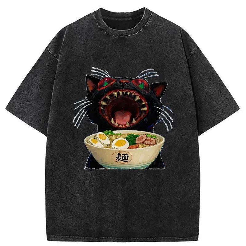 Kyoto-Lion Black Cat Is Ready To Eat Ramen Washed T-Shirt