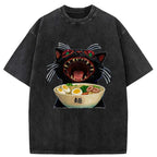 Kyoto-Lion Black Cat Is Ready To Eat Ramen Washed T-Shirt