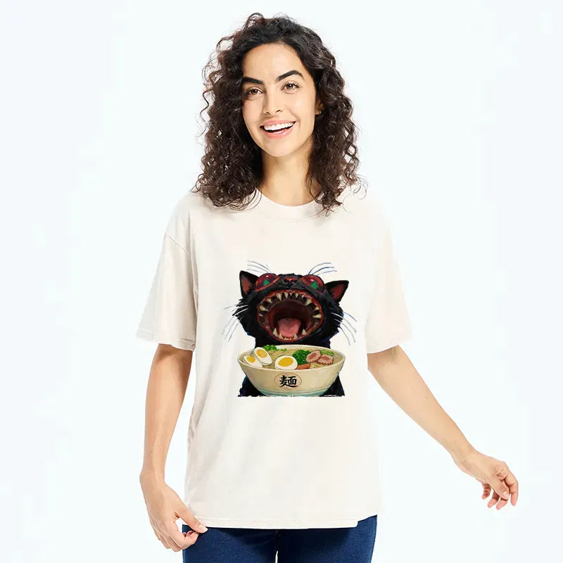 Kyoto-Lion Black Cat Is Ready To Eat Ramen Washed T-Shirt