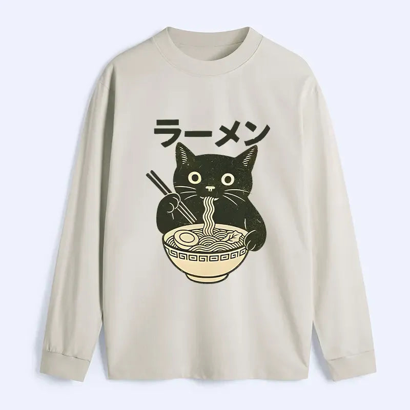 Kyoto-Lion Simple Black Cat Eating Ramen Classic Long Sleeve T-Shirt