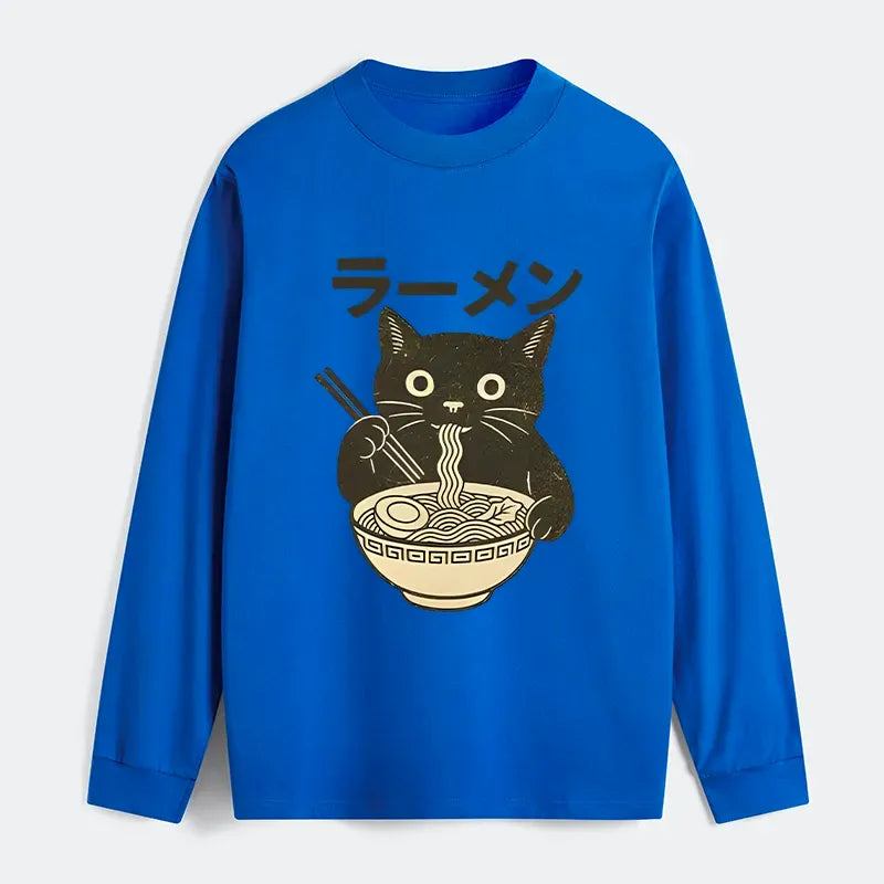 Kyoto-Lion Simple Black Cat Eating Ramen Classic Long Sleeve T-Shirt