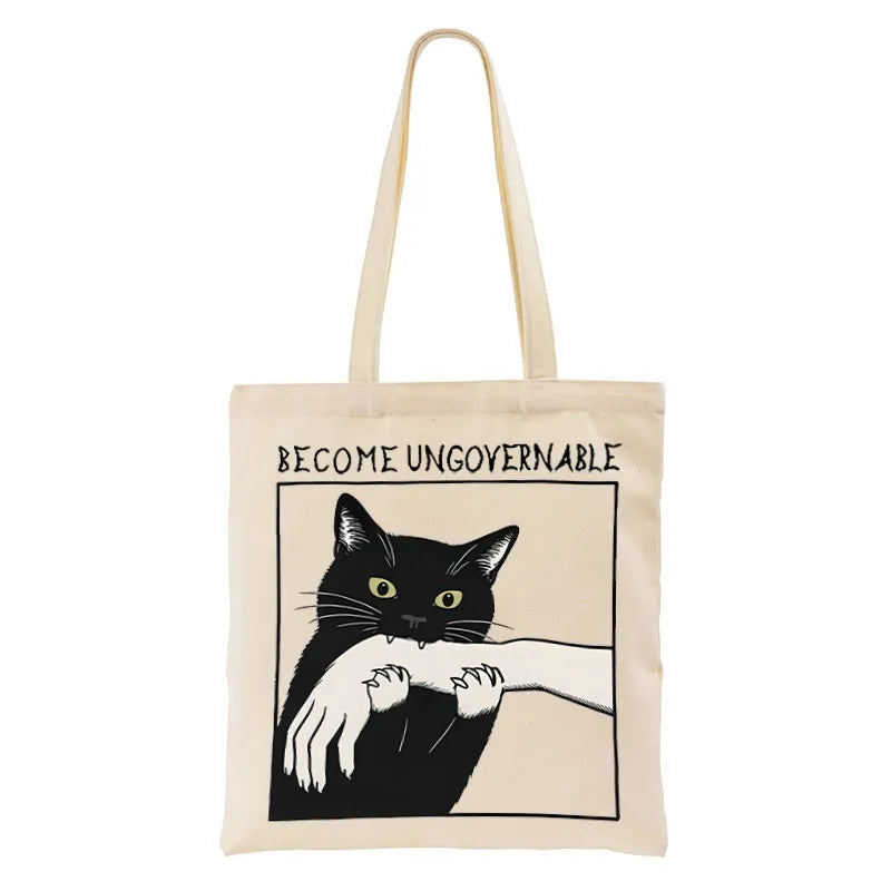 Kyoto-Lion Black Cat Biting Tote Bag