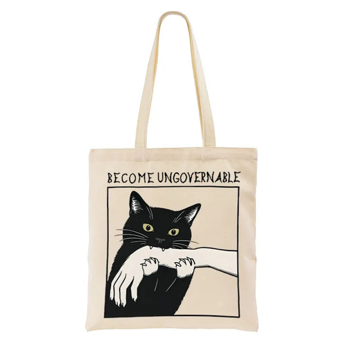 Kyoto-Lion Black Cat Biting Tote Bag
